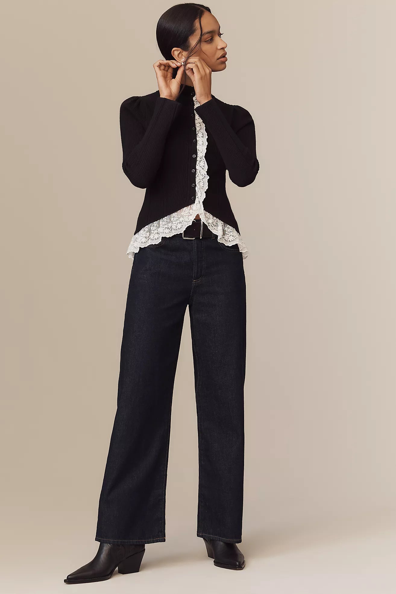 By Anthropologie Mock-Neck Ruffled Lace Cardigan Sweater