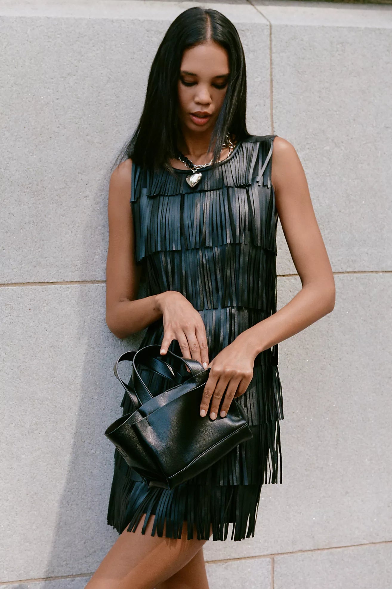Siempre Faux Leather Fringe Shift Dress