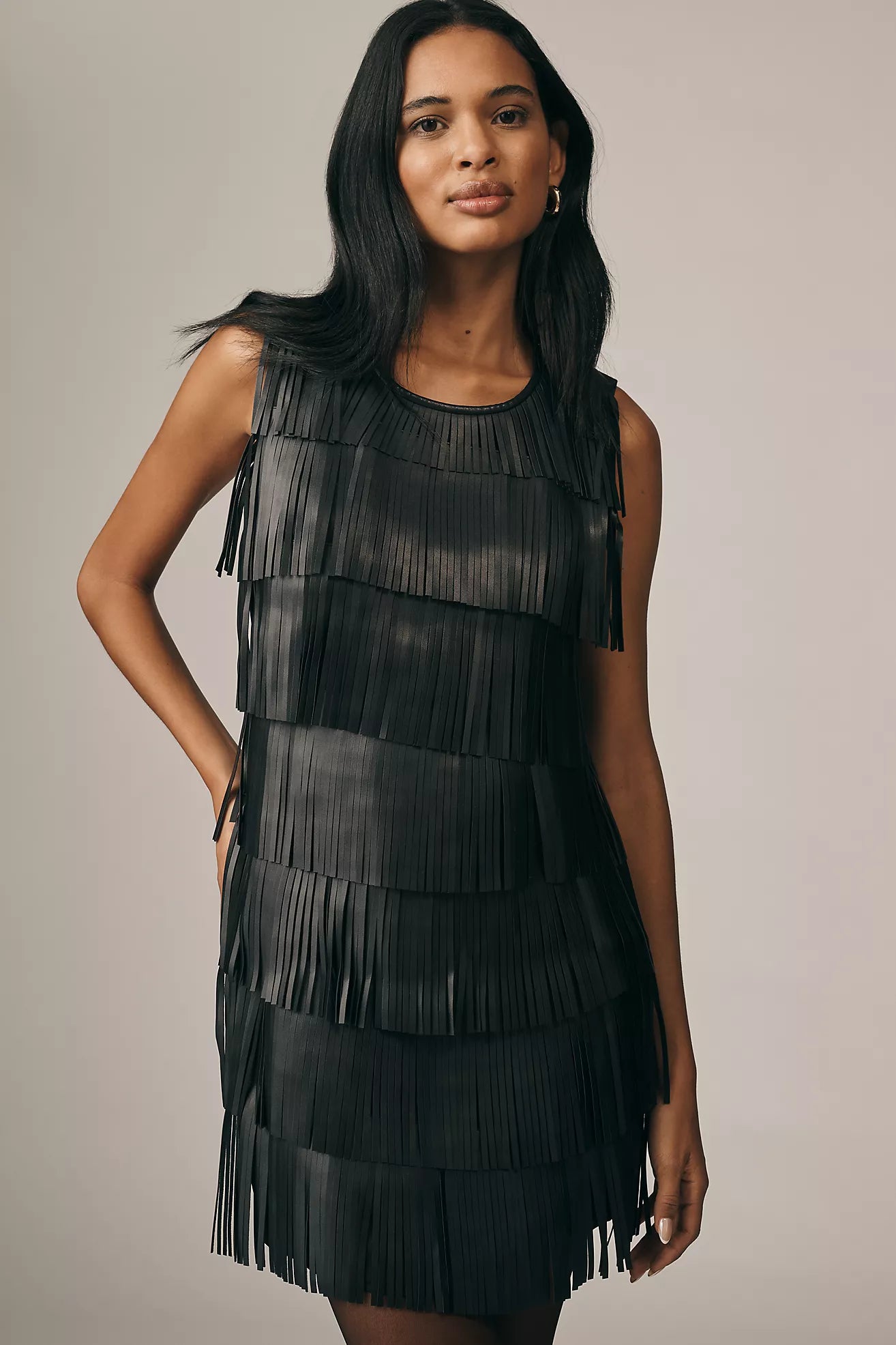 Siempre Faux Leather Fringe Shift Dress