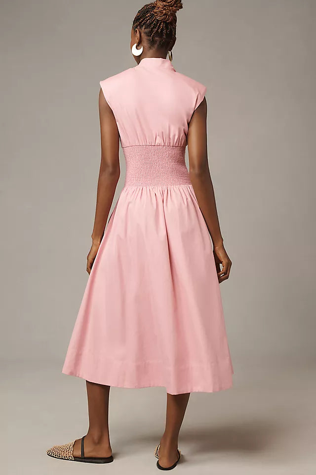 The Tommie Cap-Sleeve Smocked Front-Zip Midi Shirt Dress