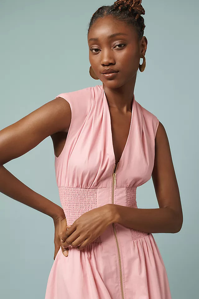 The Tommie Cap-Sleeve Smocked Front-Zip Midi Shirt Dress