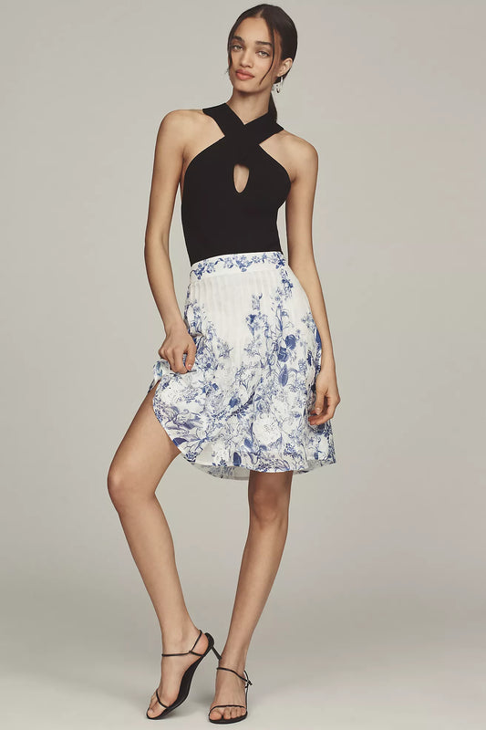 Ranna Gill Pintuck Lace Embellished Printed Mini Skirt