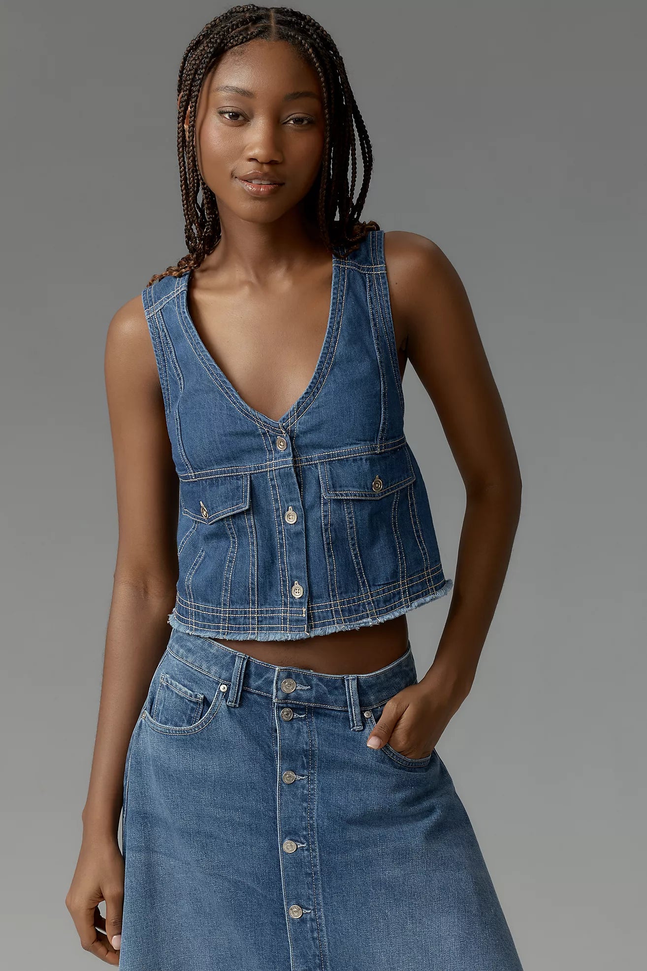 Pilcro Coastal Cutoff V-Neck Denim Top