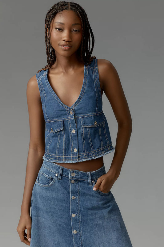 Pilcro Coastal Cutoff V-Neck Denim Top