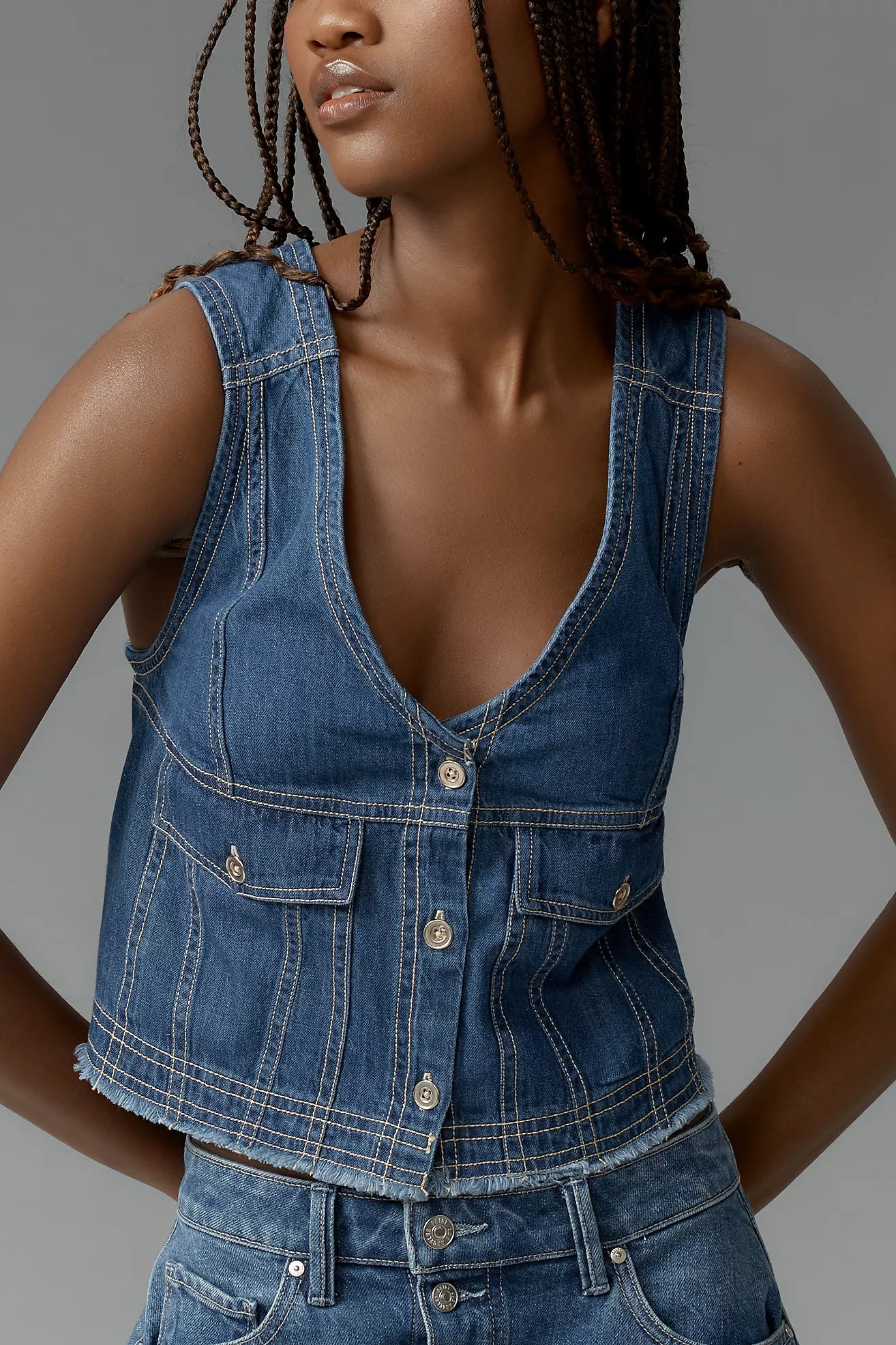 Pilcro Coastal Cutoff V-Neck Denim Top