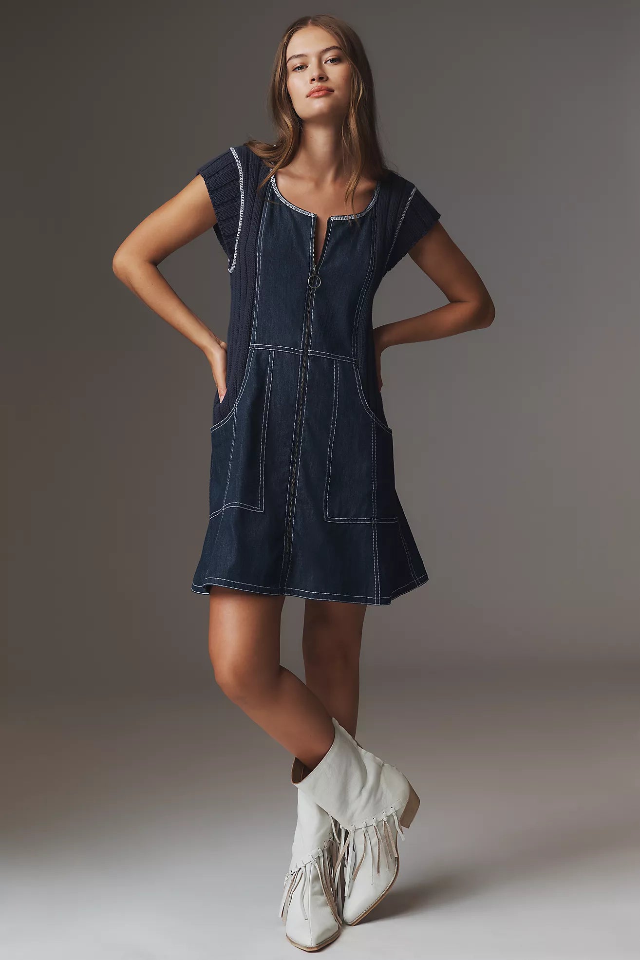 Pilcro Cap-Sleeve Denim Swing Mini Dress