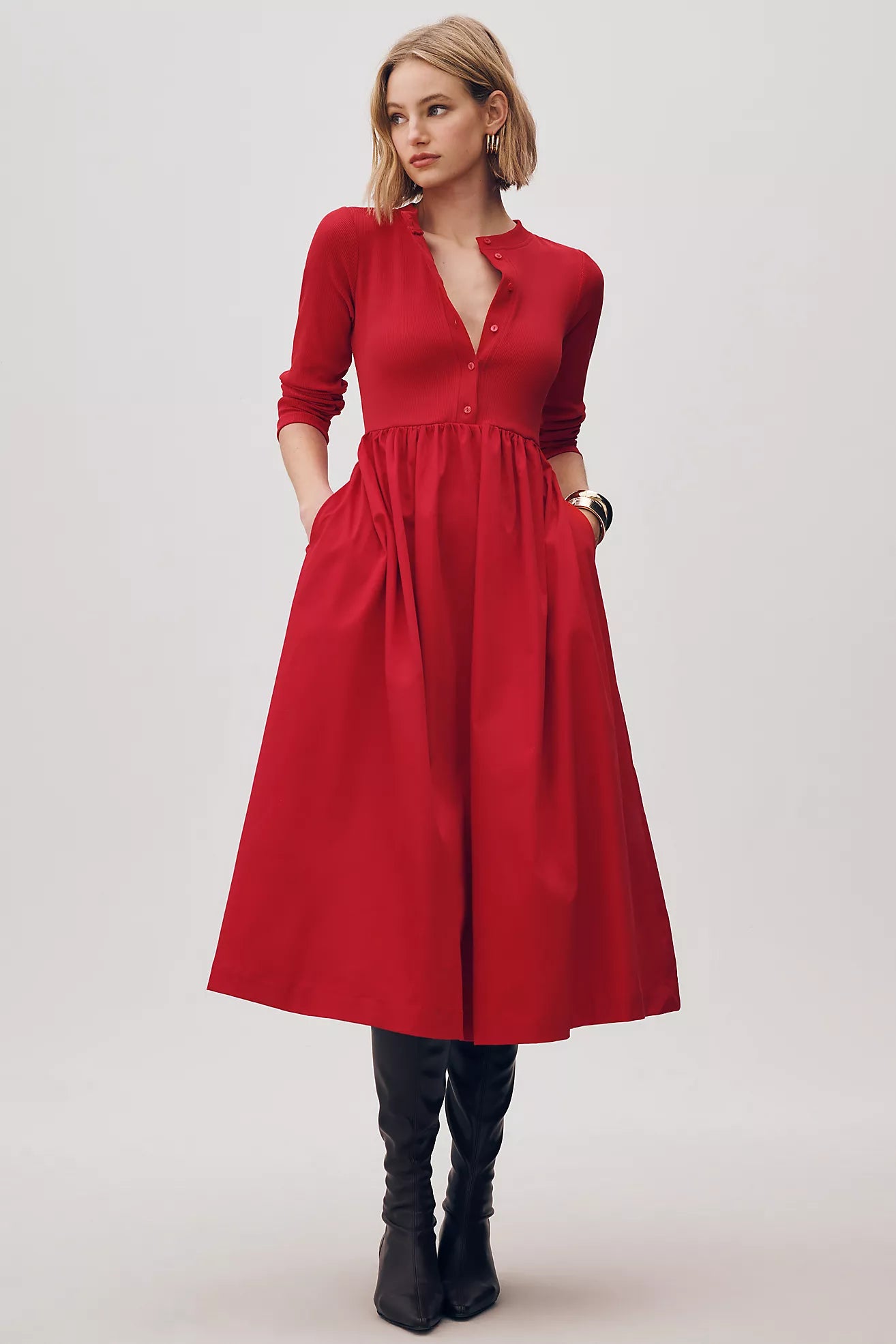 Maeve Long-Sleeve Twofer Cardigan Midi Dress