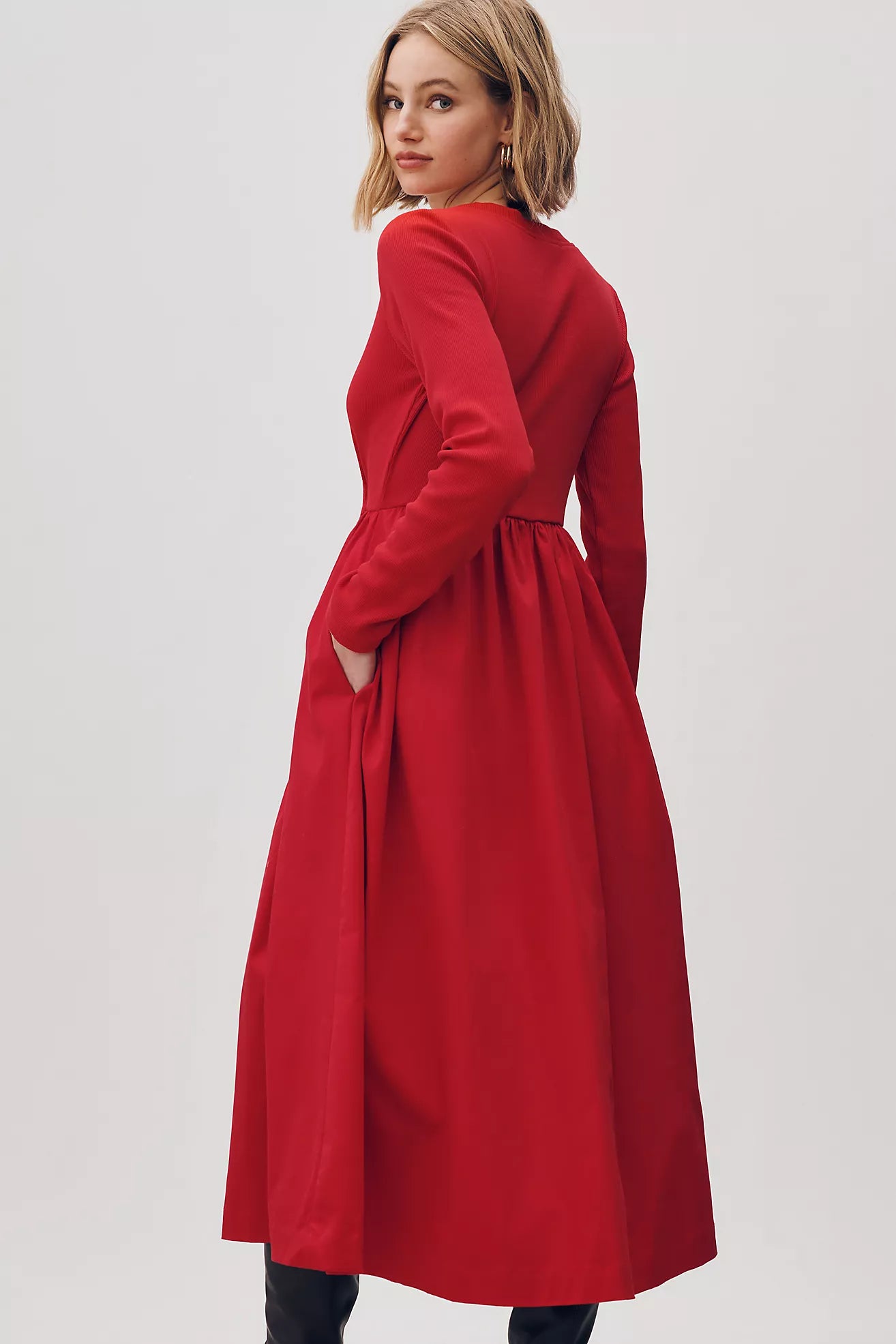 Maeve Long-Sleeve Twofer Cardigan Midi Dress