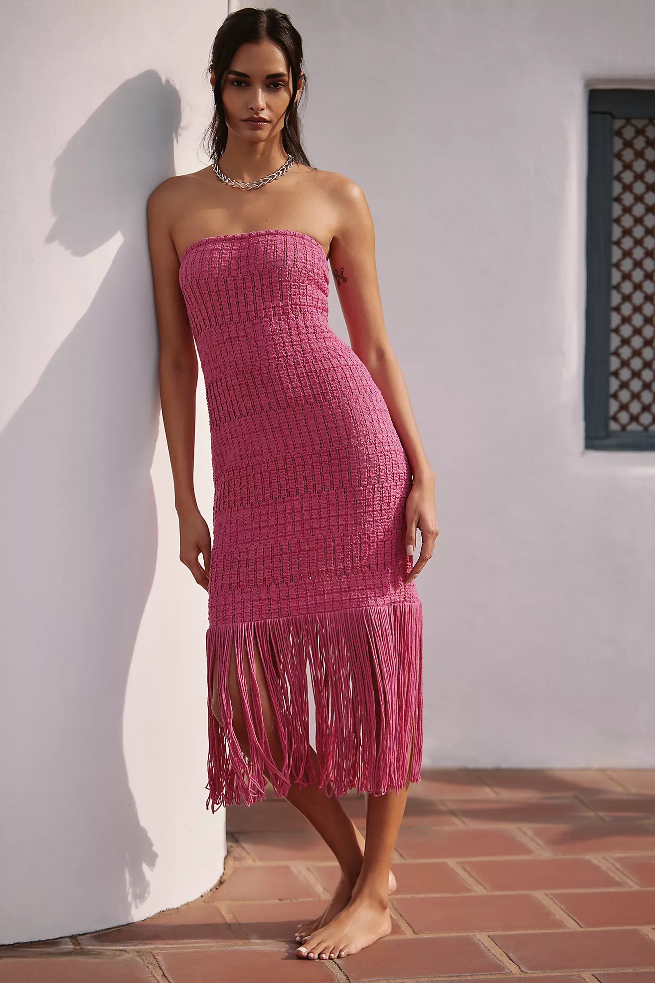 Celandine Strapless Crochet Fringe-Trim Knit Dress