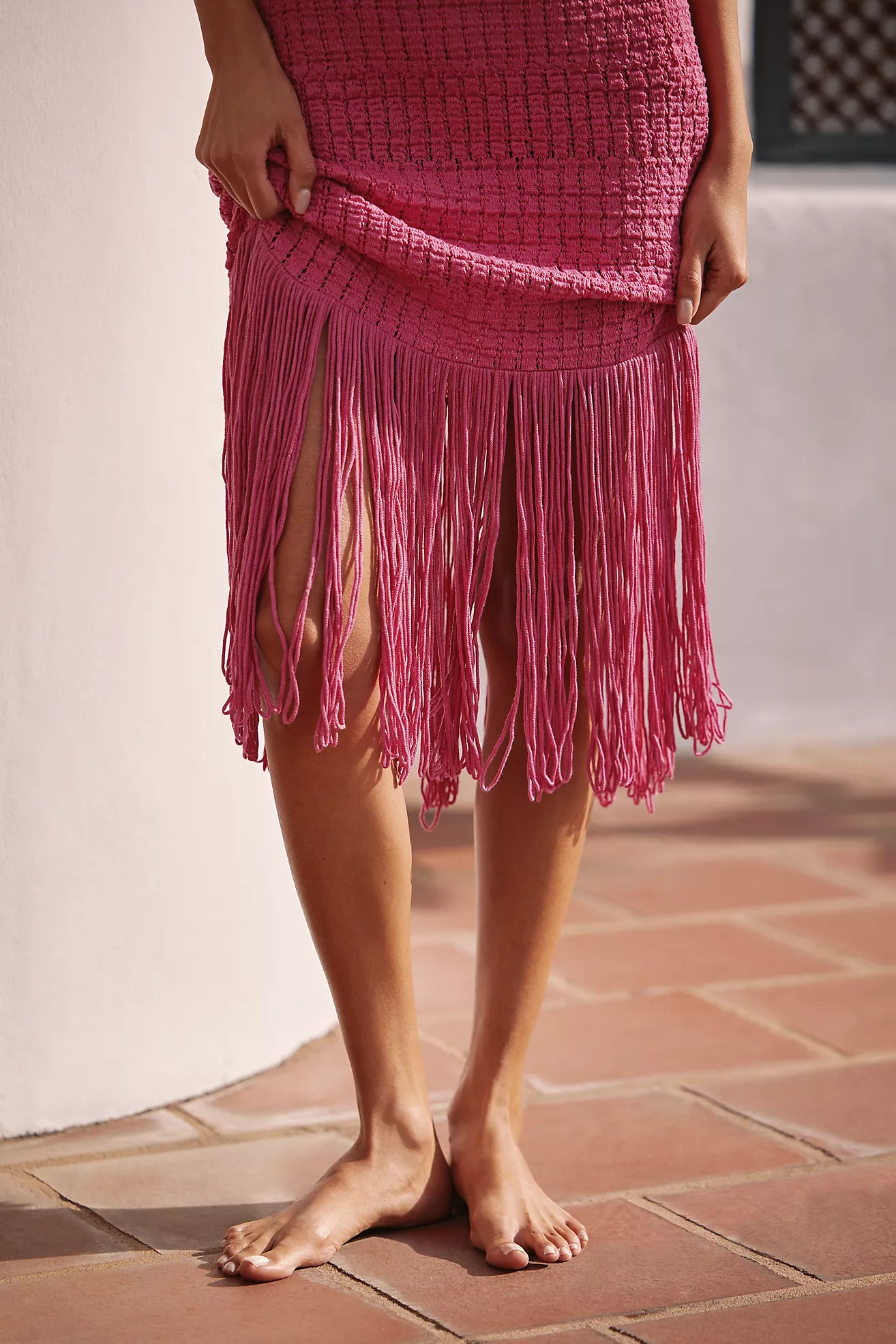 Celandine Strapless Crochet Fringe-Trim Knit Dress