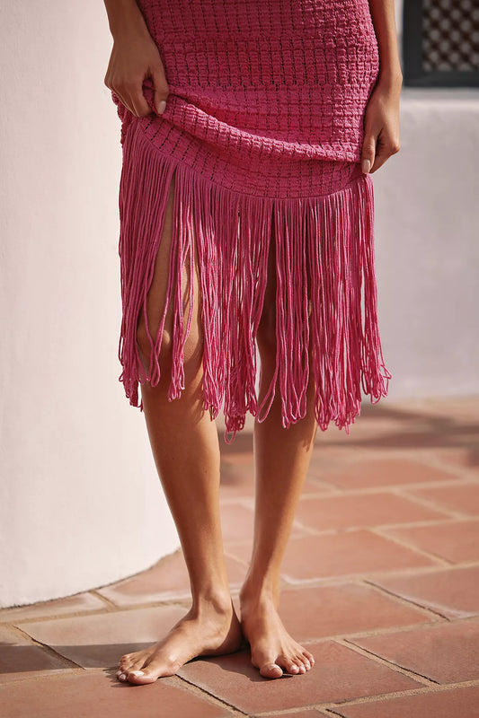 Celandine Strapless Crochet Fringe-Trim Knit Dress