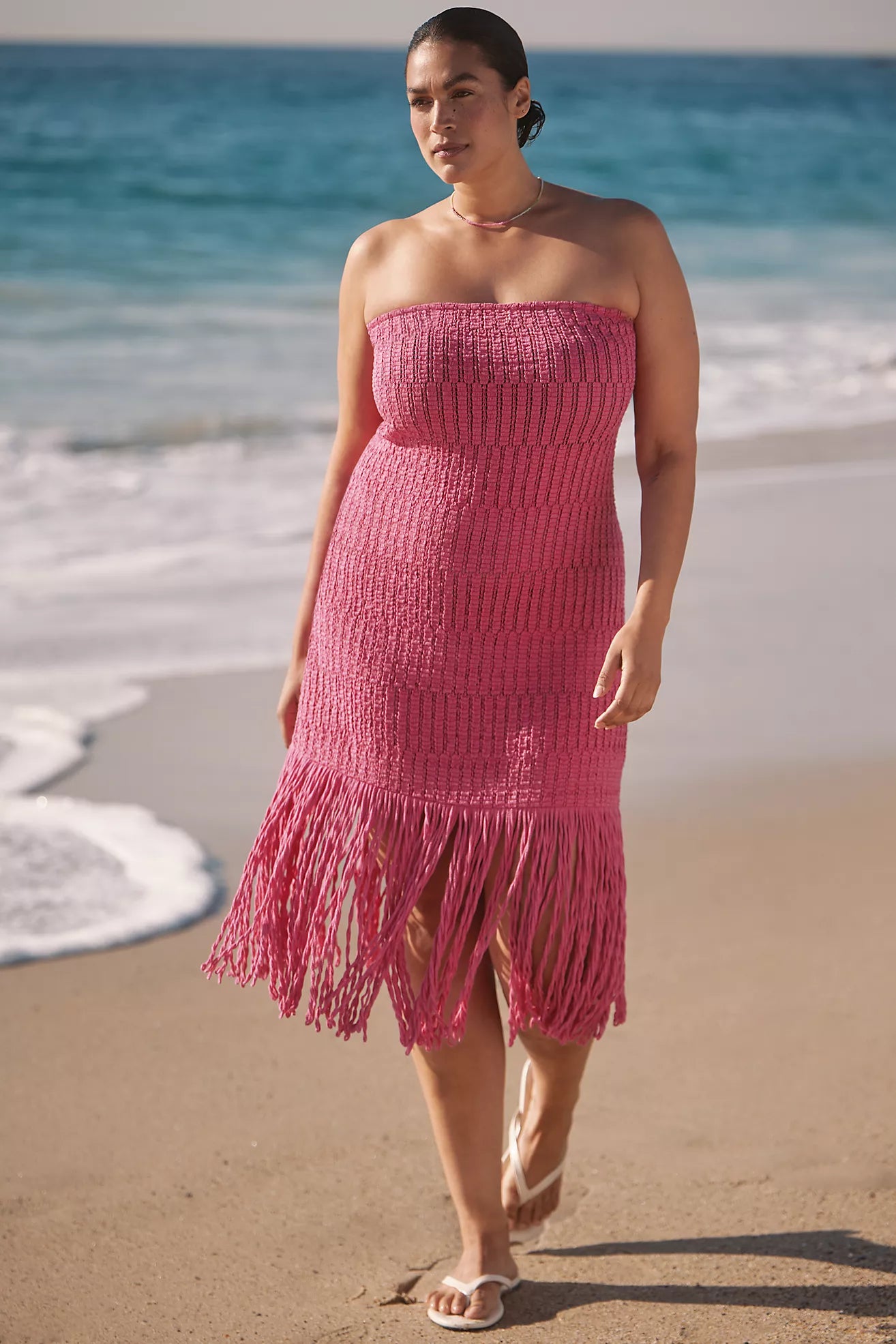 Celandine Strapless Crochet Fringe-Trim Knit Dress