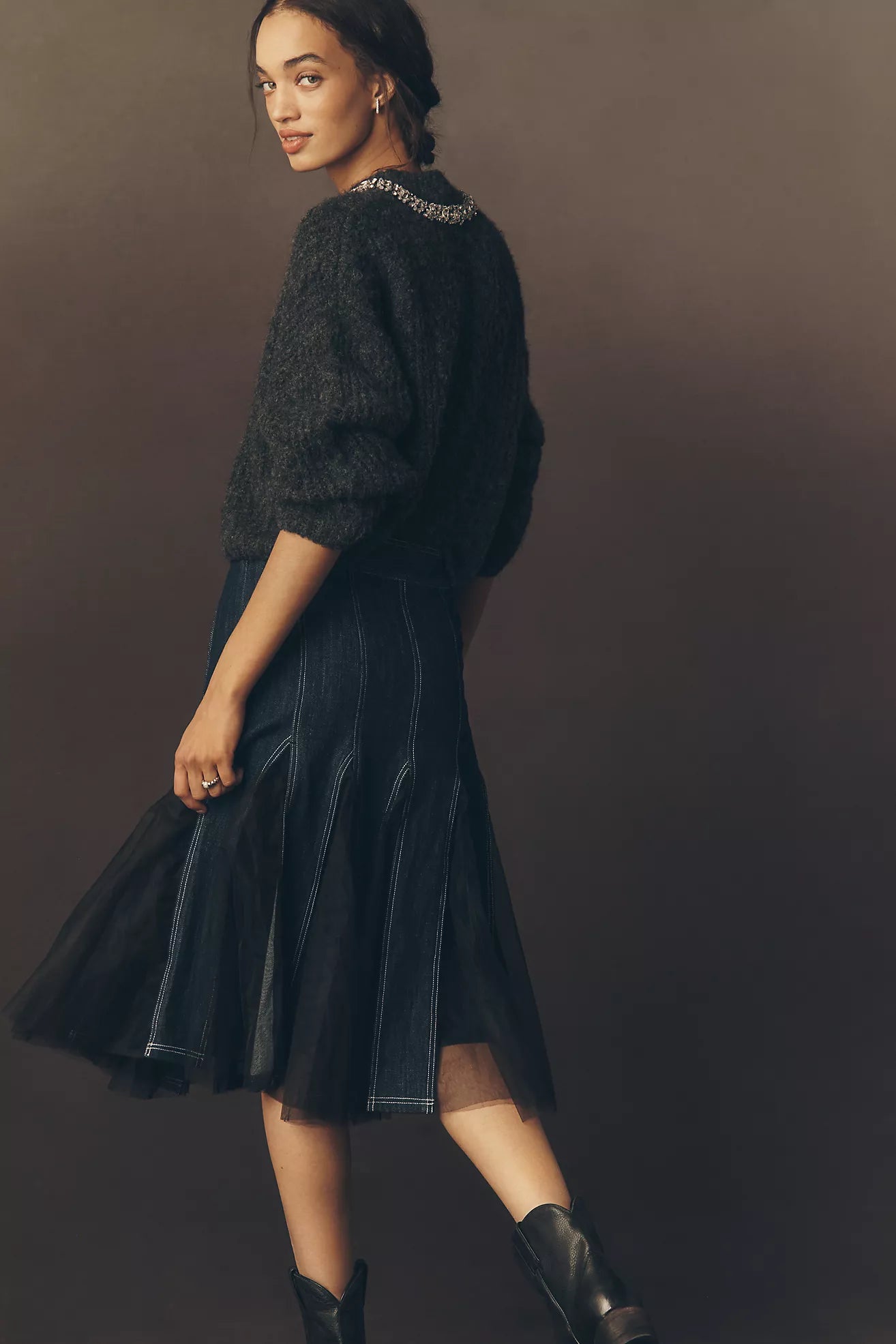 Pilcro Tulle Godet Denim Mid Skirt