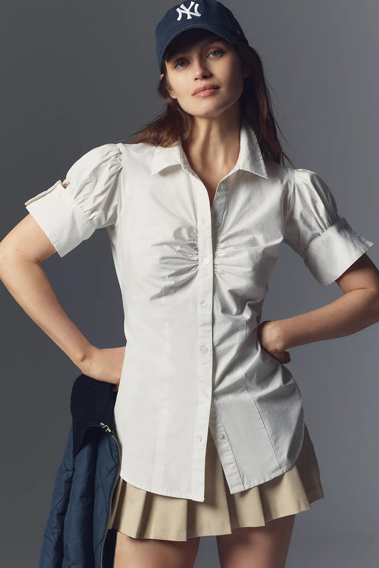 Maeve French-Cuffed Short-Sleeve Buttondown Blouse
