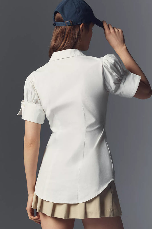 Maeve French-Cuffed Short-Sleeve Buttondown Blouse