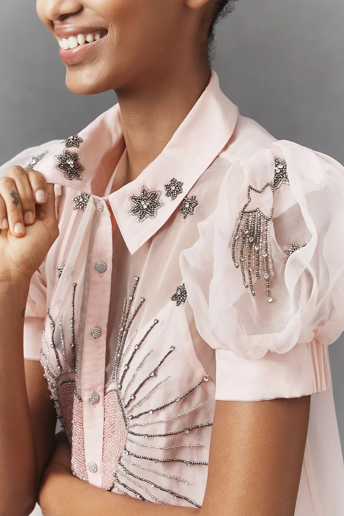 Maeve Short-Sleeve Embellished Mini Shirt Dress