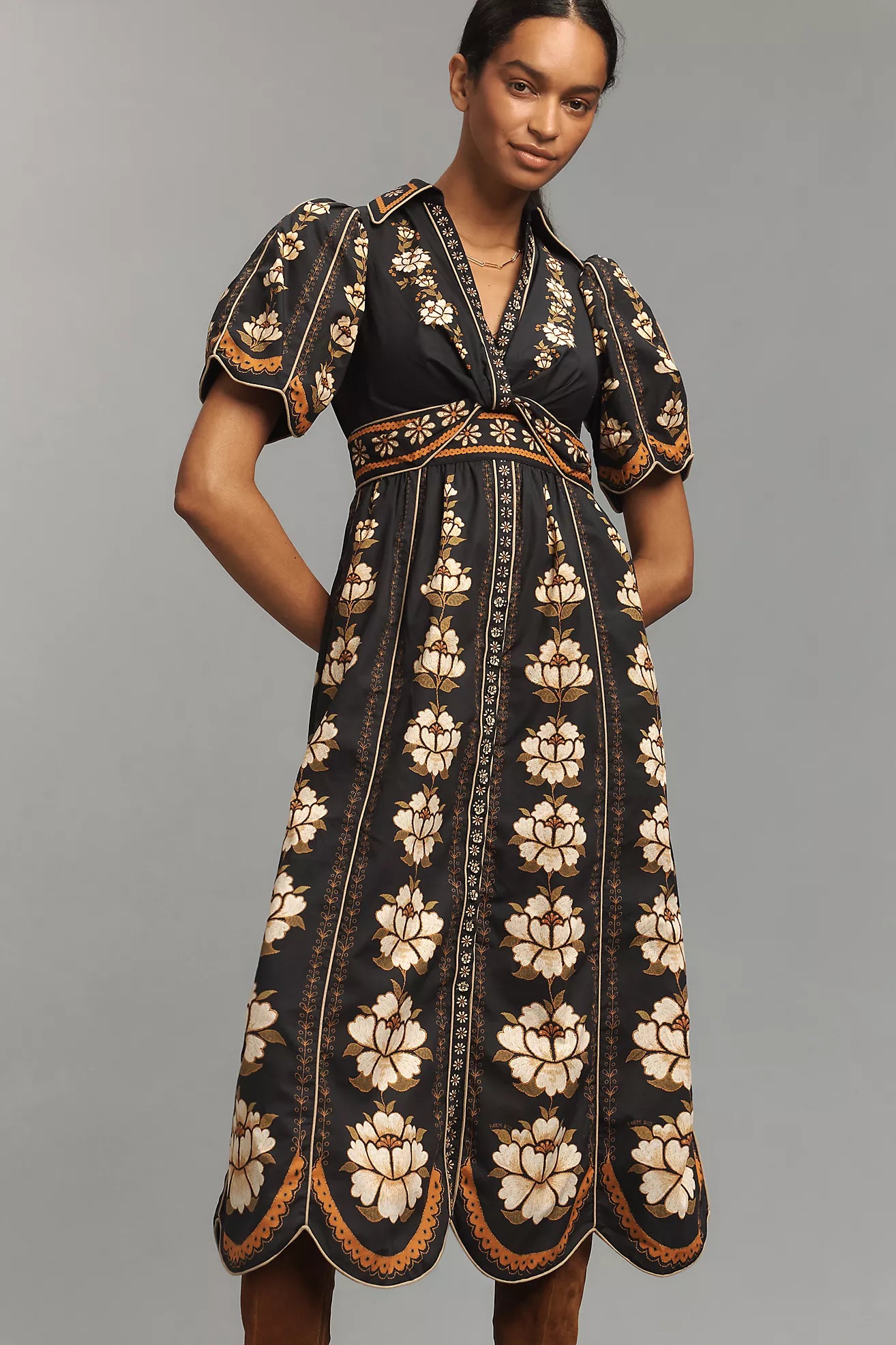 Farm Rio Embroidered Floral Short-Sleeve Midi Dress