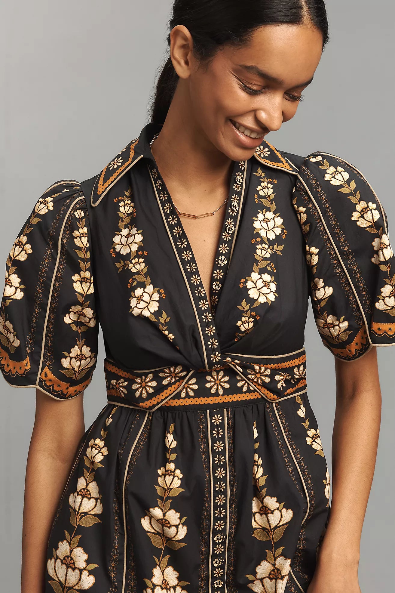 Farm Rio Embroidered Floral Short-Sleeve Midi Dress