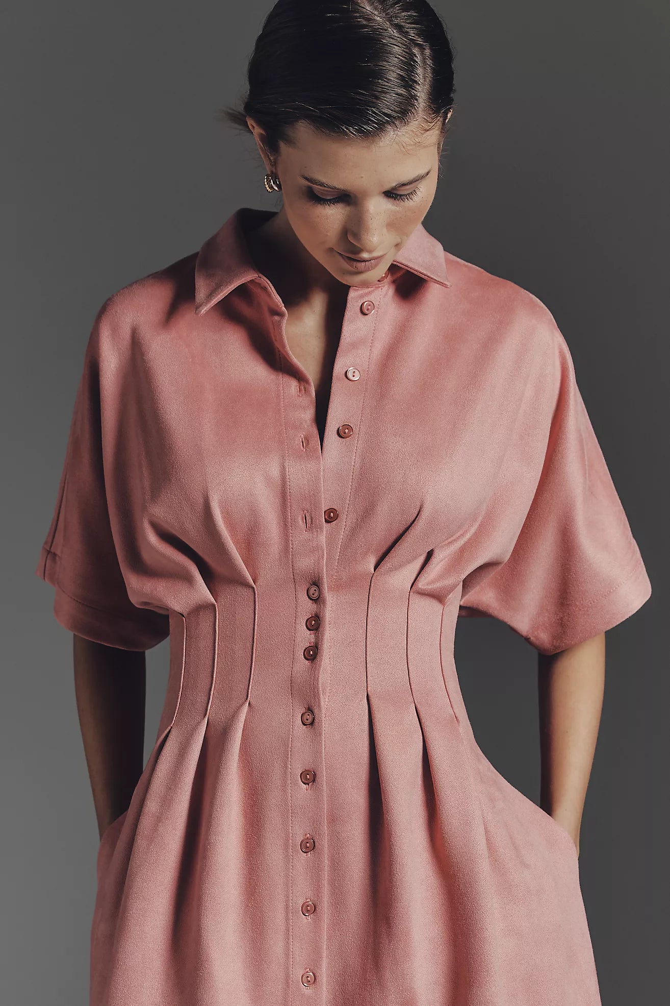 The Tobie Faux-Suede Mini Shirt Dress by Exquise