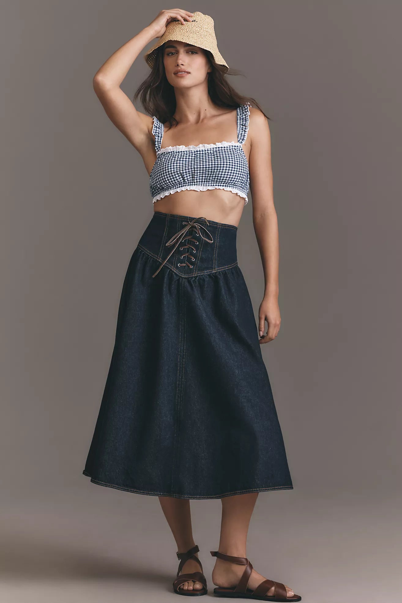 Pilcro Lace-Up Drop Waist Denim Midi Skirt