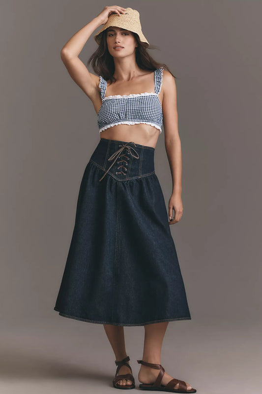 Pilcro Lace-Up Drop Waist Denim Midi Skirt
