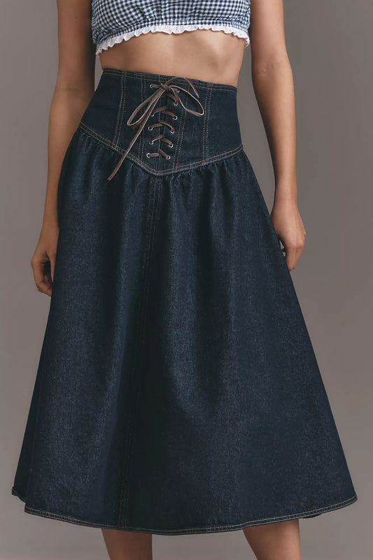 Pilcro Lace-Up Drop Waist Denim Midi Skirt