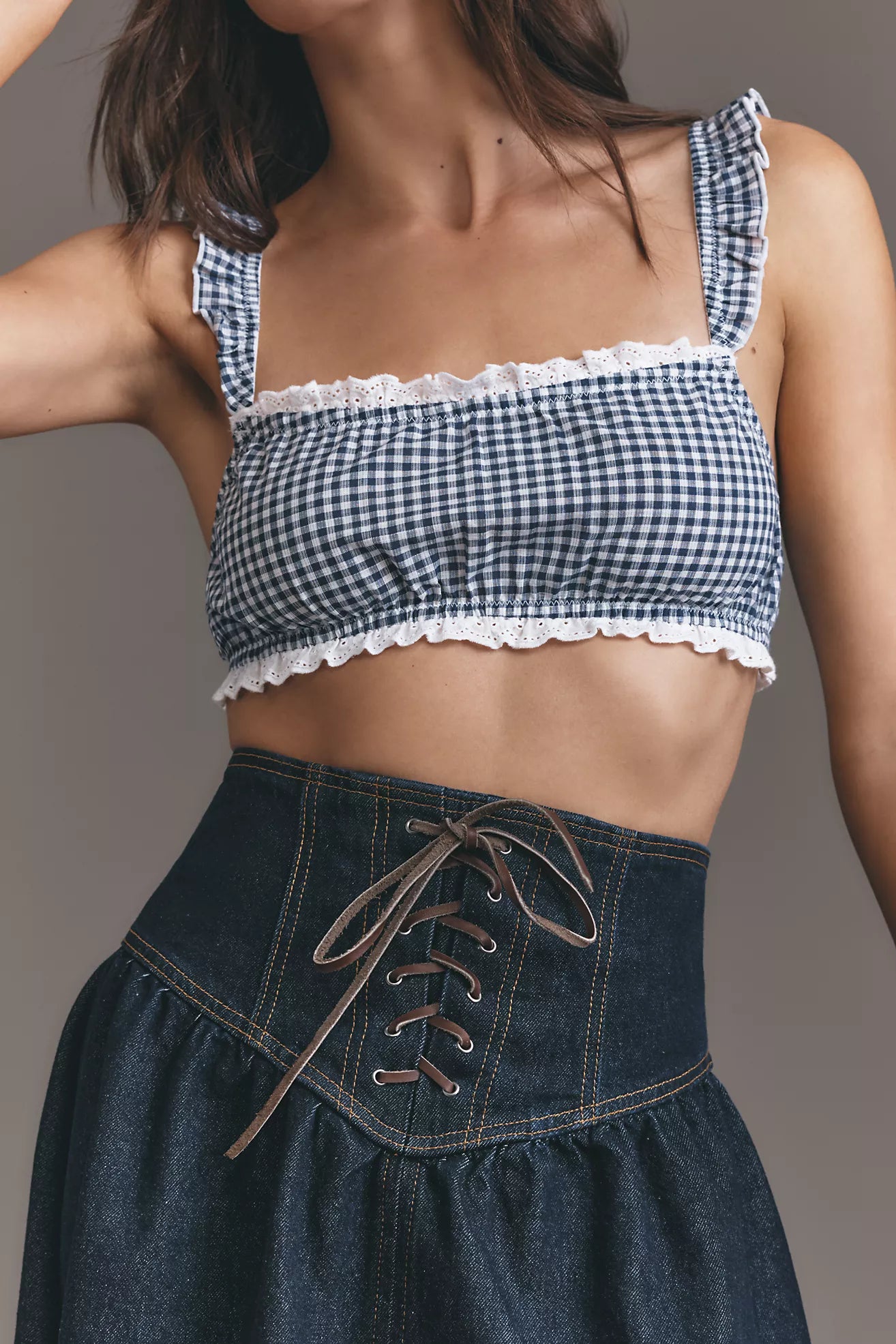Pilcro Lace-Up Drop Waist Denim Midi Skirt