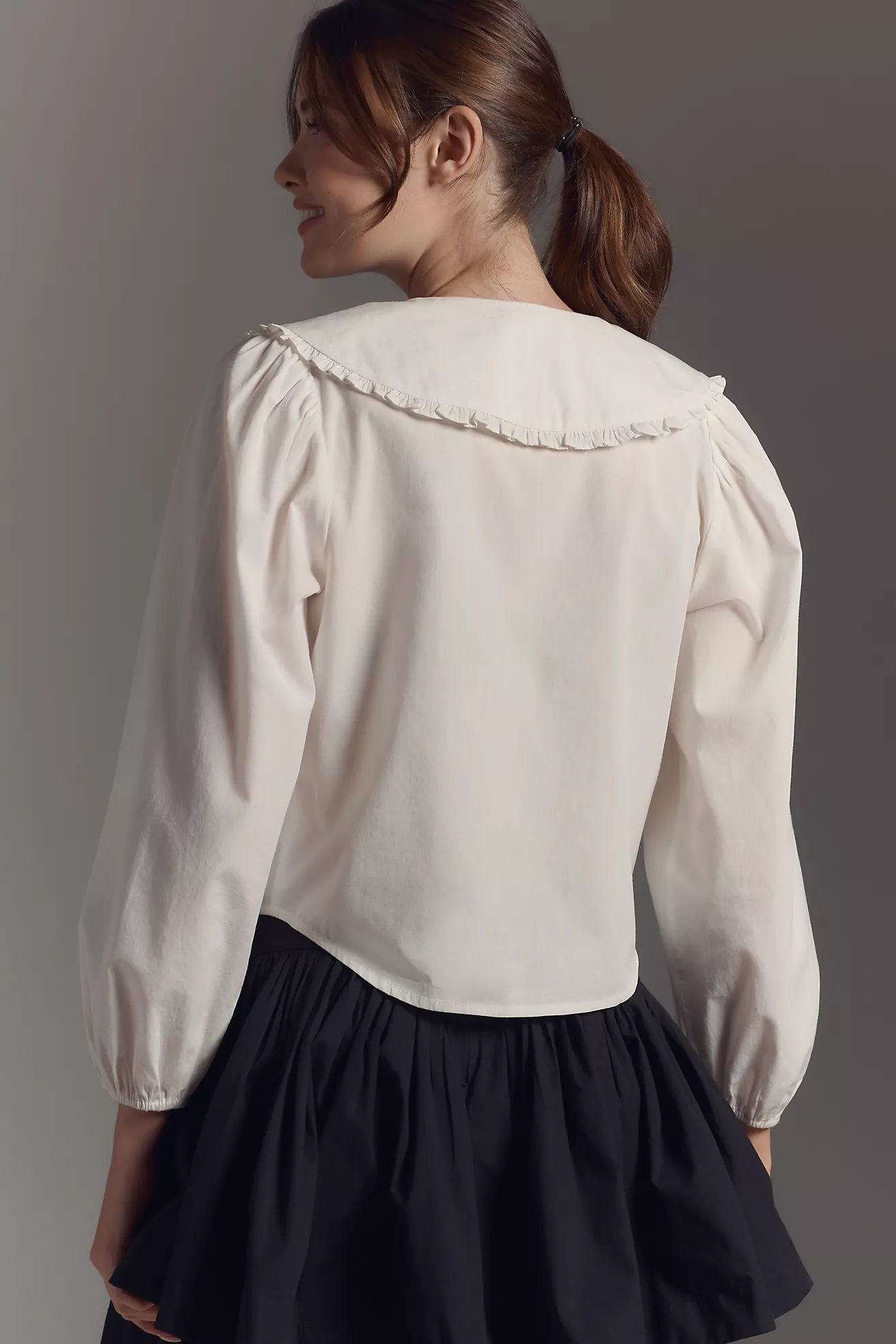 Maeve Long-Sleeve Collared Ruffle-Front Blouse