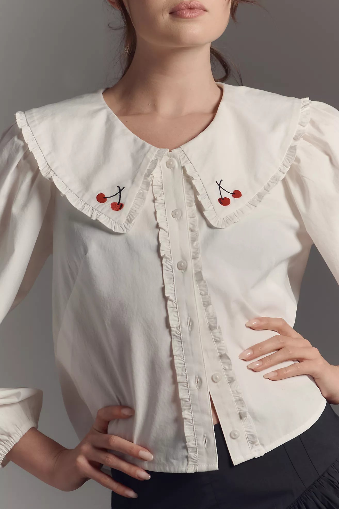 Maeve Long-Sleeve Collared Ruffle-Front Blouse