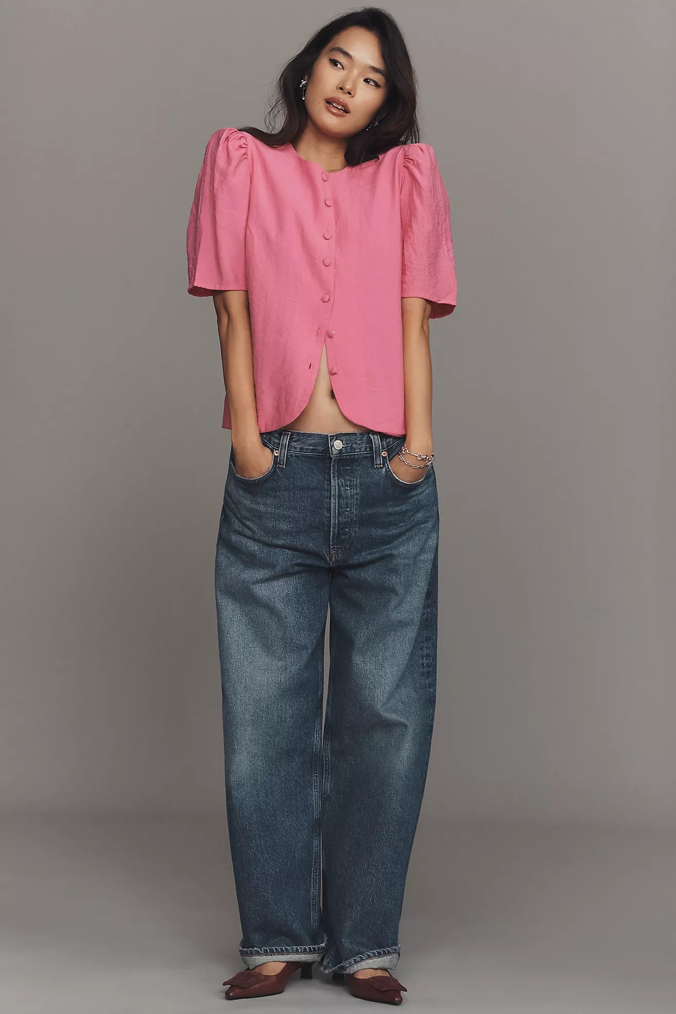 Maeve Puff-Sleeve Button-Front Top