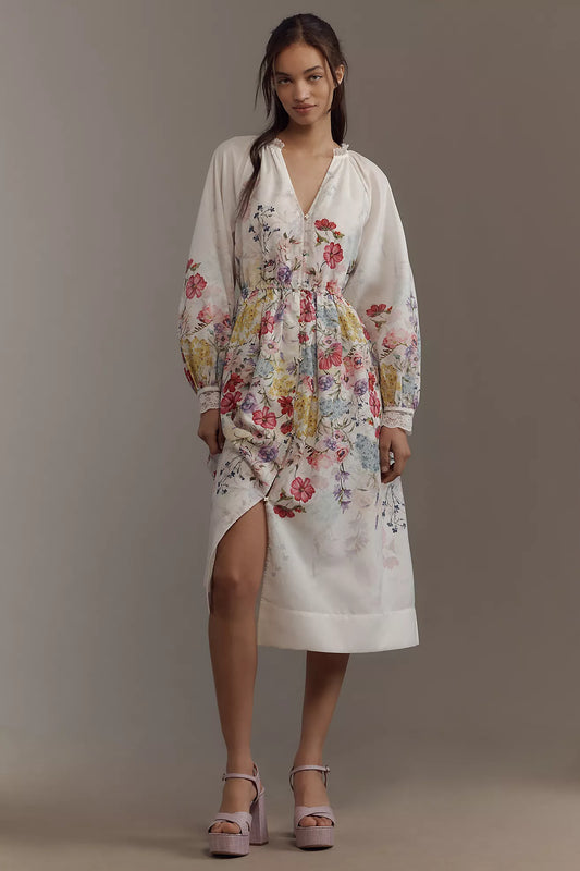 Let Me Be Long-Sleeve V-Neck Floral A-Line Midi Dress