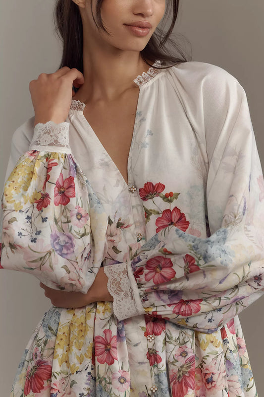 Let Me Be Long-Sleeve V-Neck Floral A-Line Midi Dress