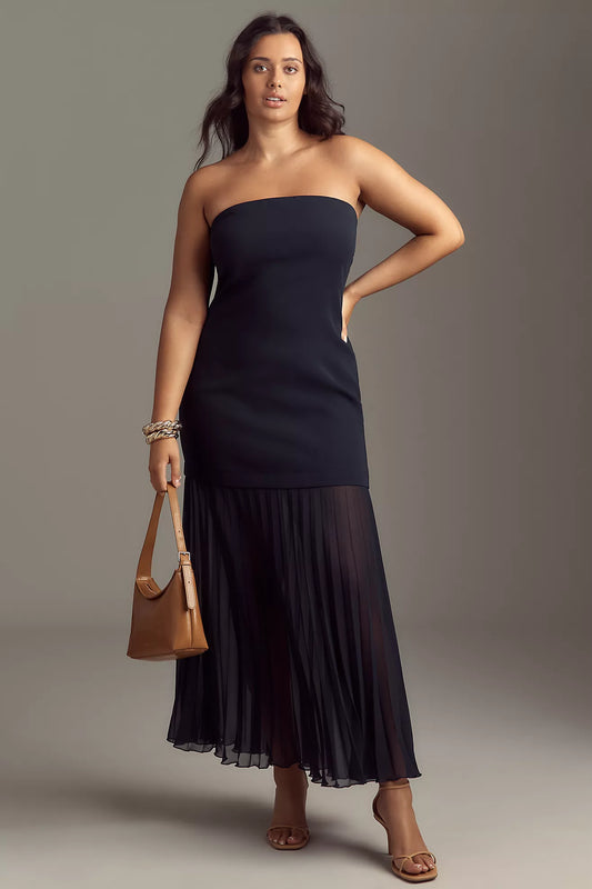 By Anthropologie Strapless Twofer Pleated Midi Dress