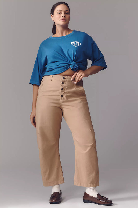 The Arin Mid-Rise Button-Front Barrel Pants by Pilcro: Linen Blend Edition