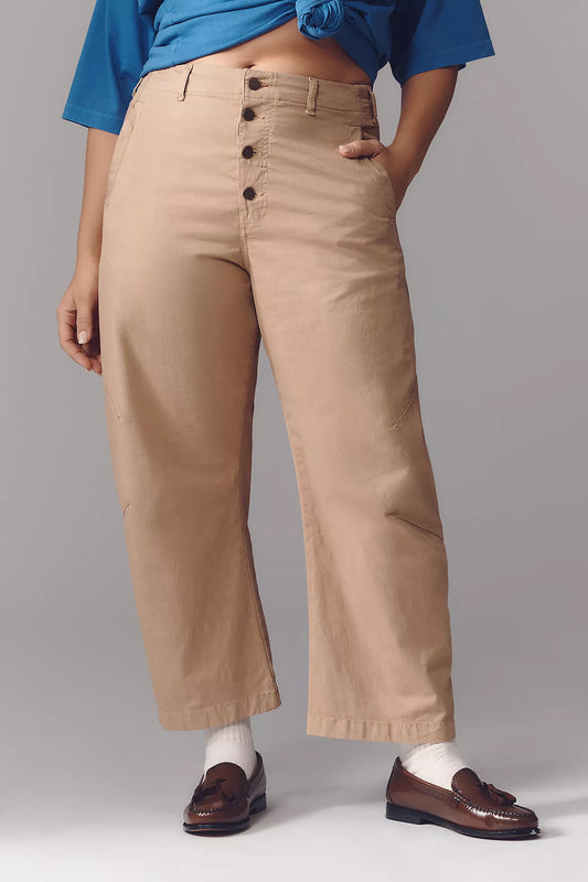 The Arin Mid-Rise Button-Front Barrel Pants by Pilcro: Linen Blend Edition