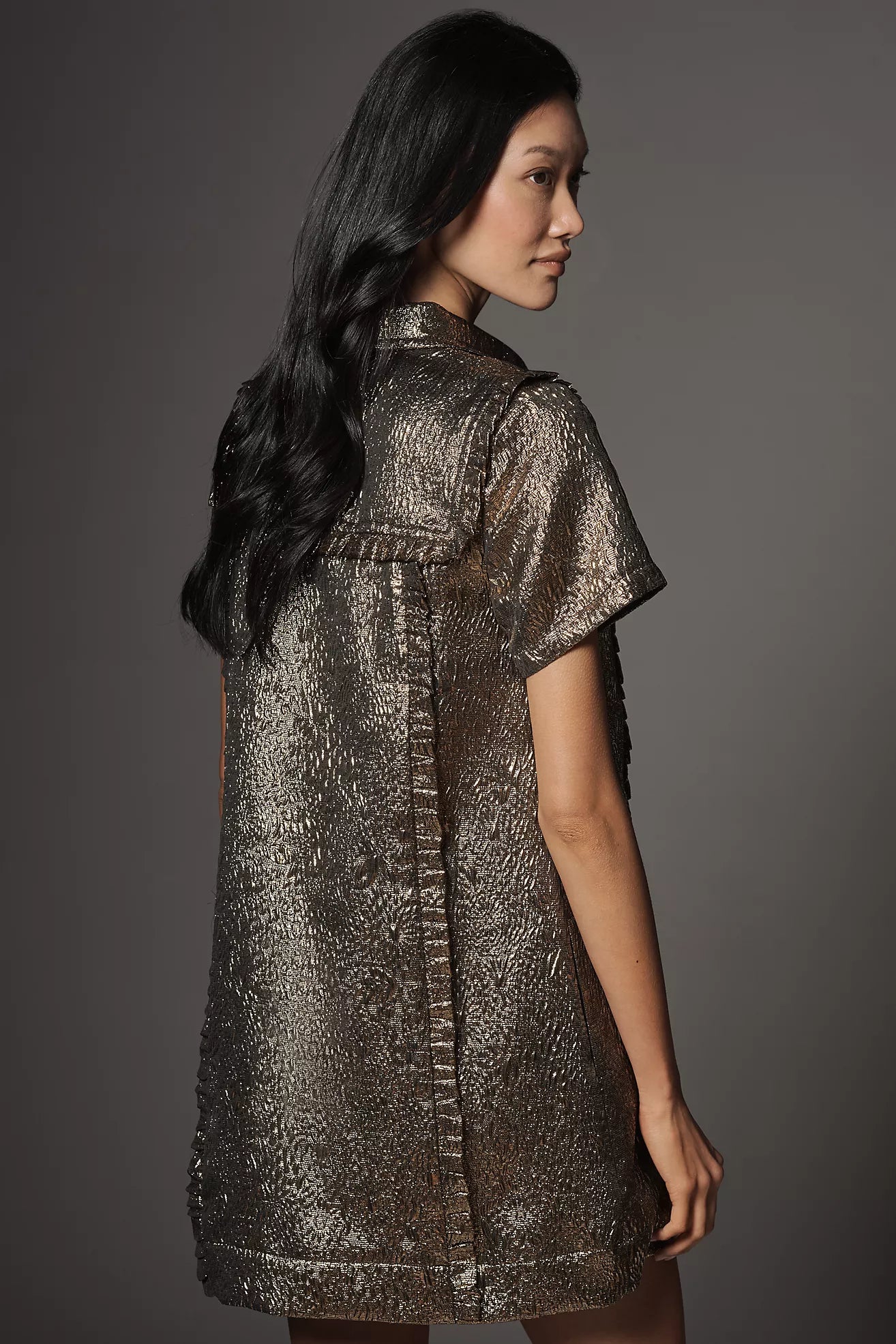By Anthropologie Short-Sleeve Metallic Brocade Mini Dress
