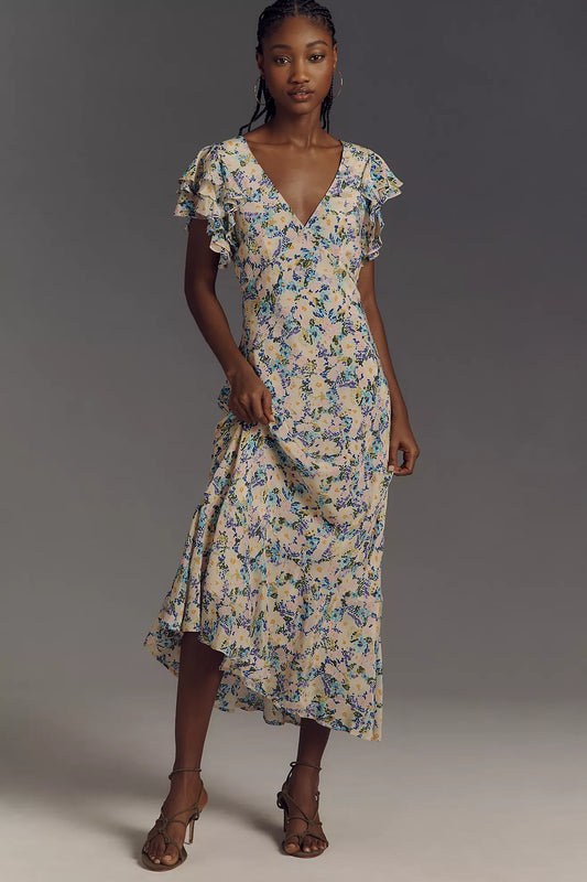 ASTR The Label Celestine Flutter-Sleeve V-Neck Maxi Dress