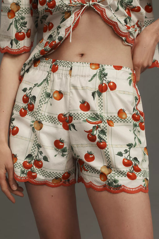 Maeve Veggie Bloom Embroidered Scallop-Hem Shorts