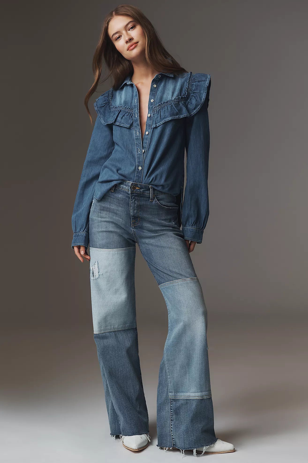 Pilcro Ruffled Chambray Buttondown