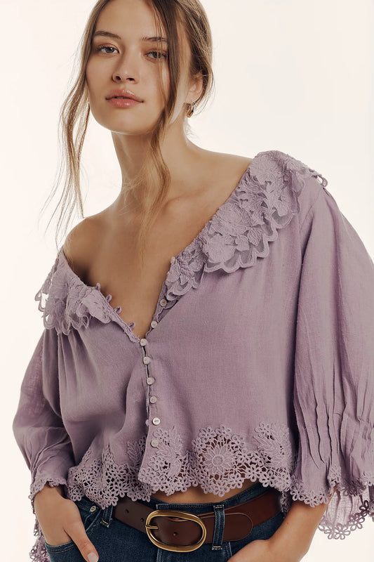 By Anthropologie Linen Lace-Collar Blouse