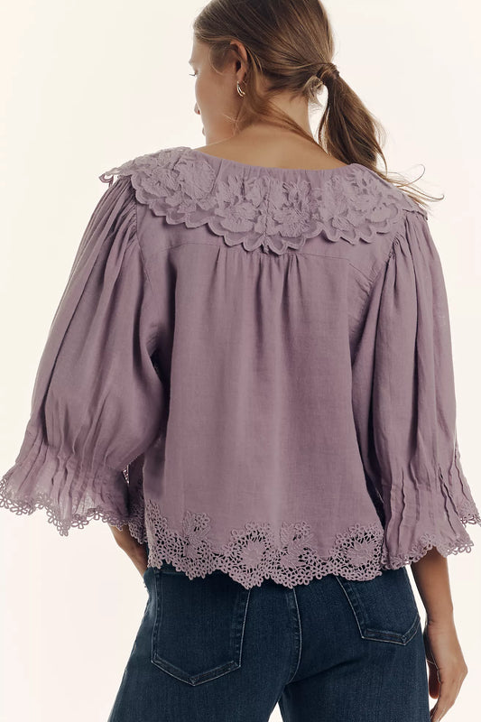 By Anthropologie Linen Lace-Collar Blouse