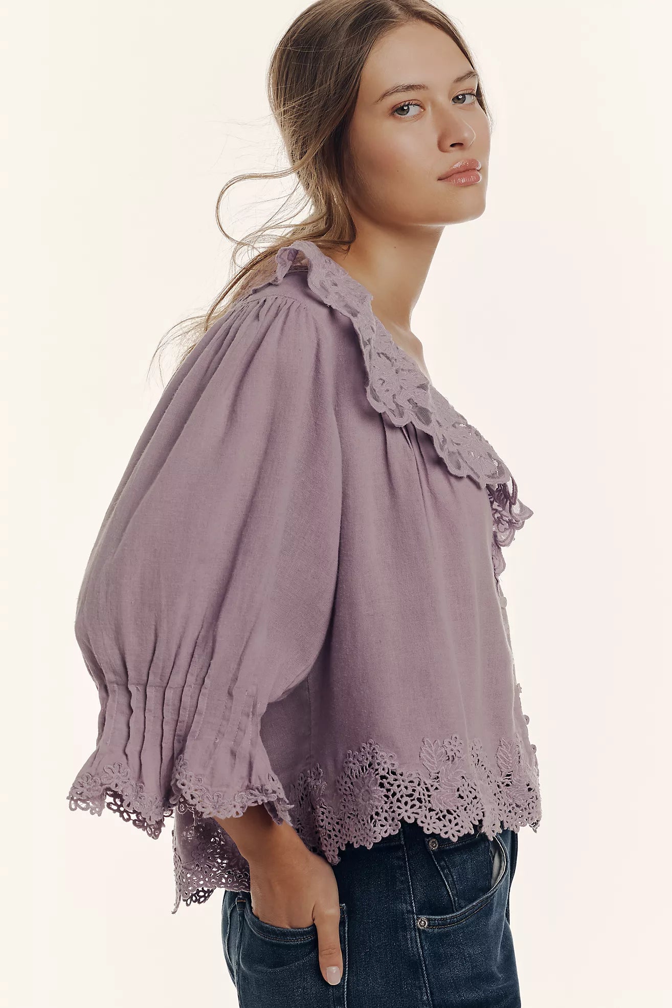 By Anthropologie Linen Lace-Collar Blouse