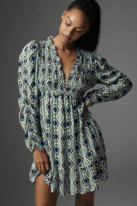 By Anthropologie Long-Sleeve V-Neck Ruffle Mini Dress