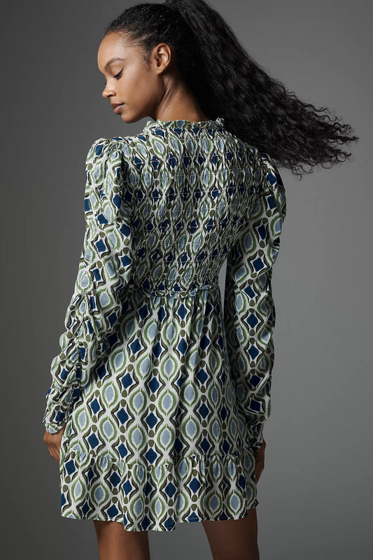 By Anthropologie Long-Sleeve V-Neck Ruffle Mini Dress