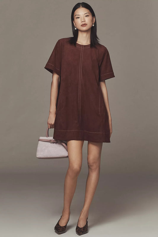 The Emmy Faux-Suede Short-Sleeve Mini Swing Dress by Maeve