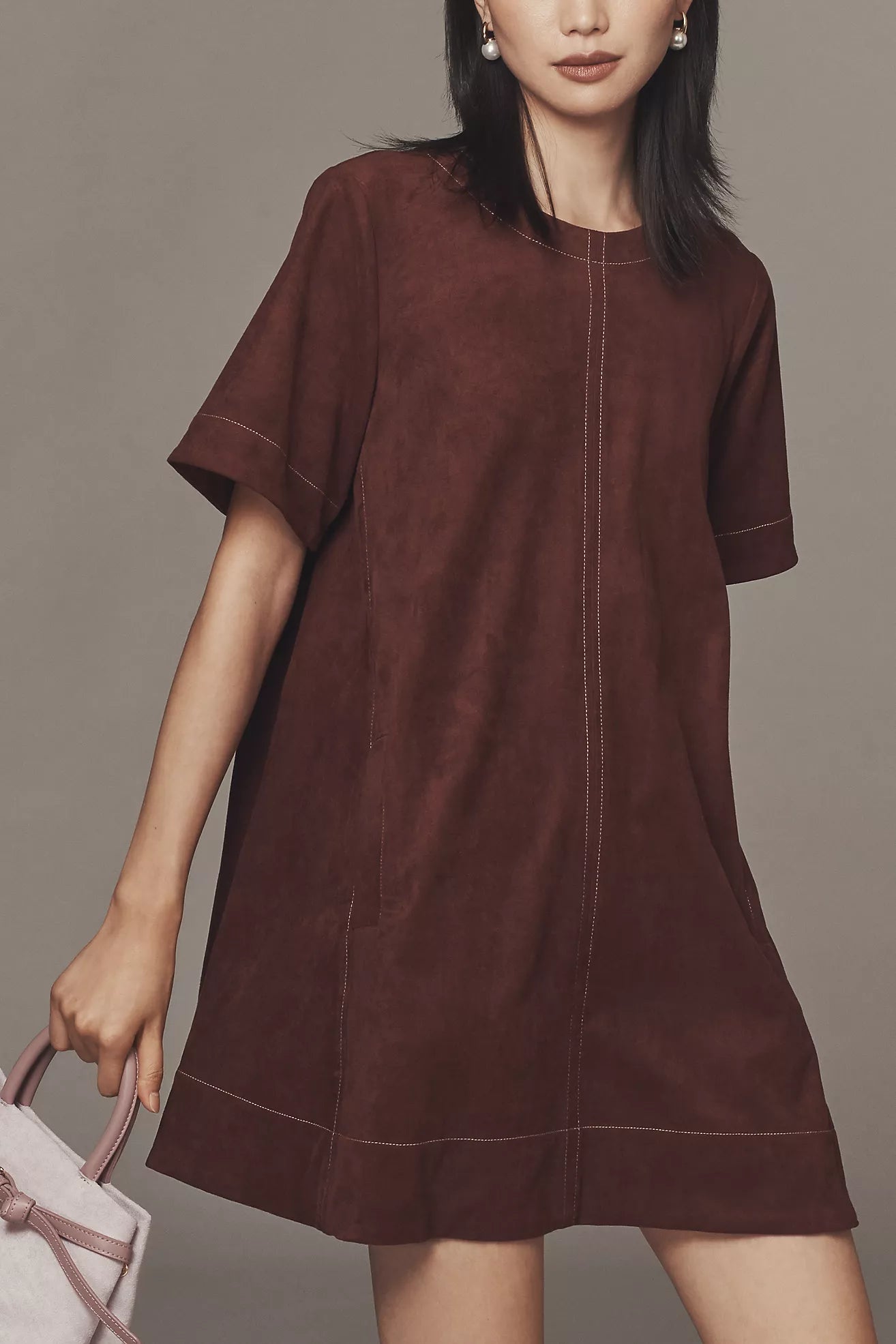 The Emmy Faux-Suede Short-Sleeve Mini Swing Dress by Maeve