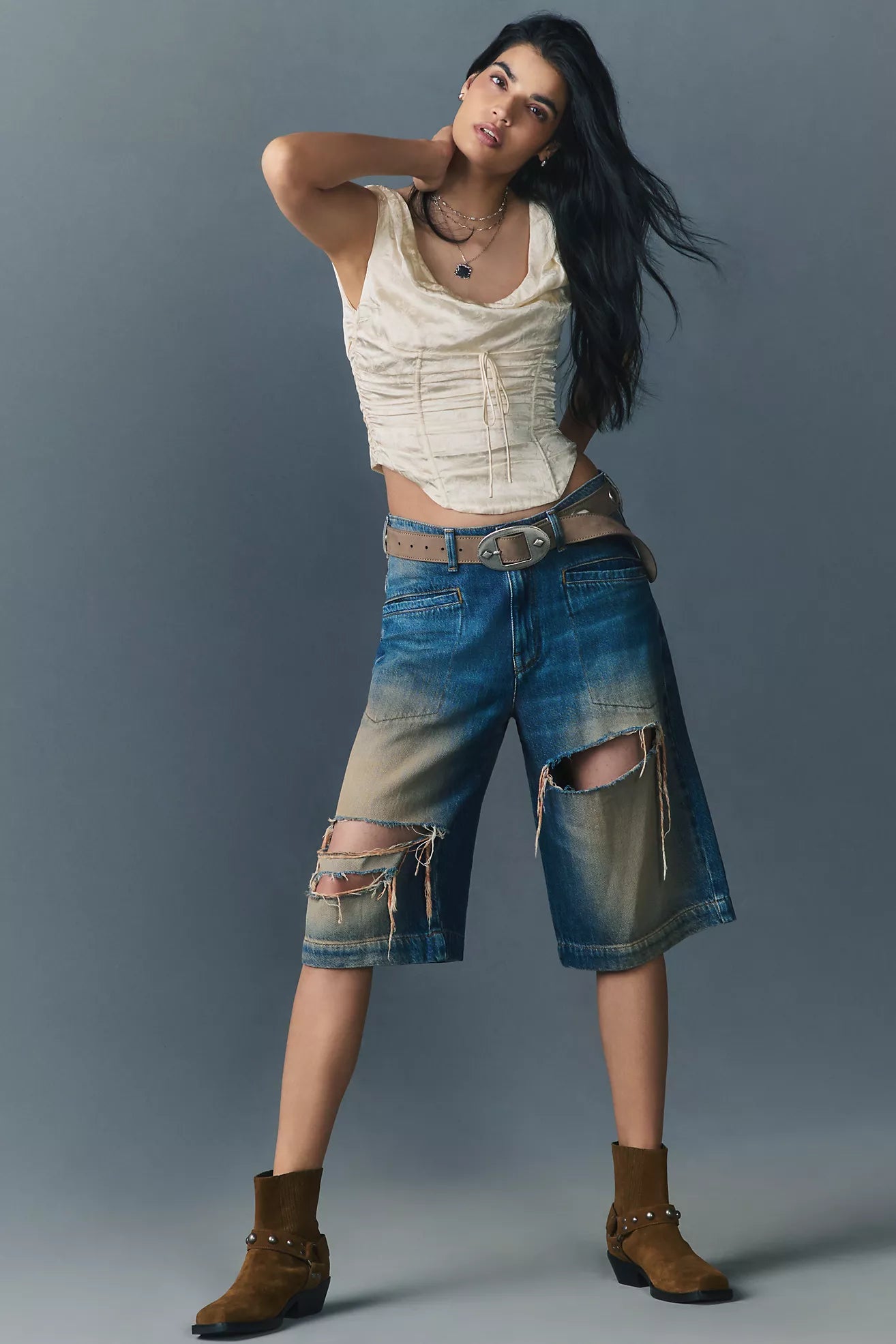 Pilcro Destroyed Knee-Length Washed Denim Shorts
