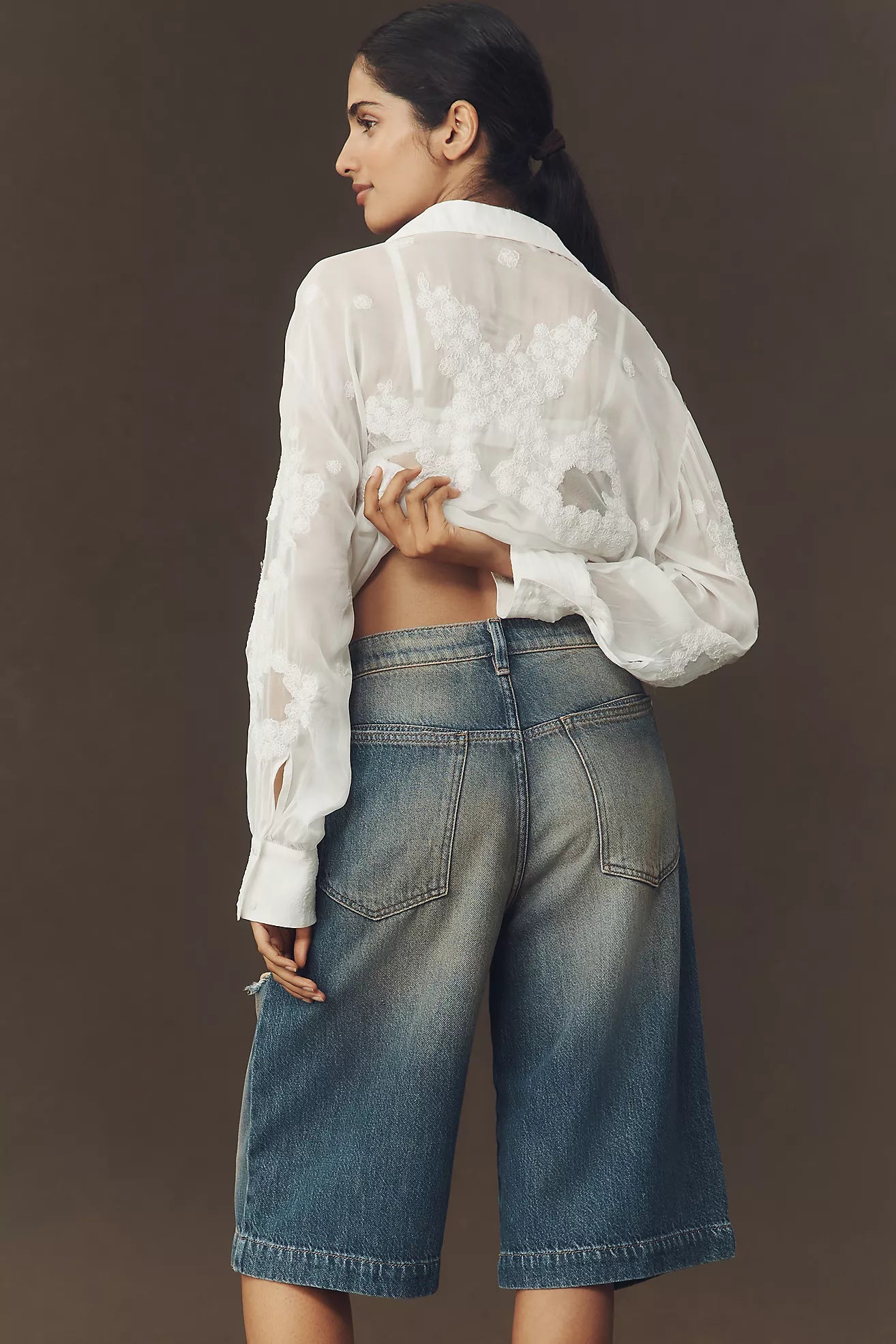 Pilcro Destroyed Knee-Length Washed Denim Shorts