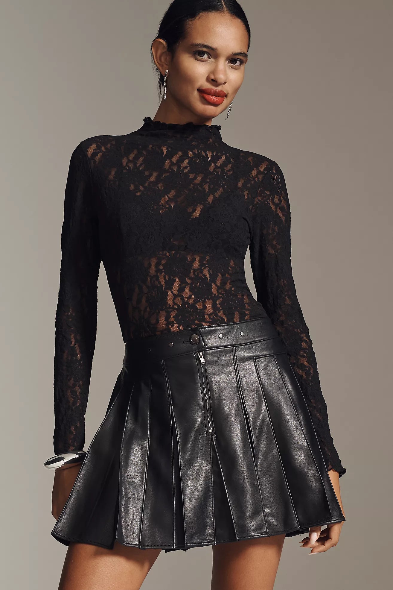 By Anthropologie Faux Leather Pleated Hardware Mini Skirt