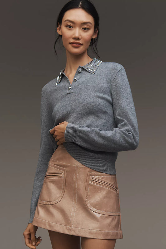 By Anthropologie Studded-Collar Polo Sweater